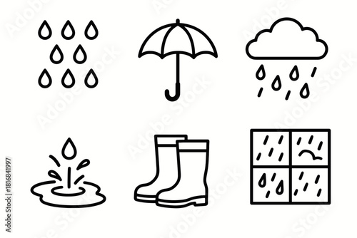 Rainy Day Icons. Light Rainfall linear icon set. raindrops, umbrella, puddle splash, cloudy sky, rain boots, window view.