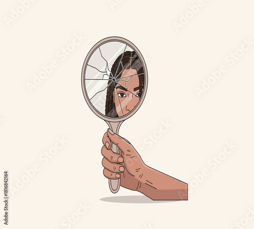 Illustration of a hand holds a broken hand mirror, reflecting a fragmented image of a womans face, symbolizing concepts of distorted selfperception, mental health struggles, and identity crisis
