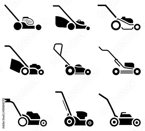 gasoline lawn mower silhouette icon set