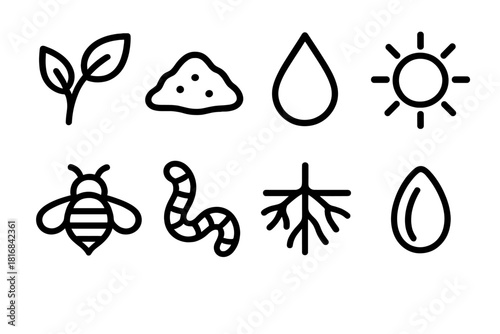 Garden Ecosystem Icons. Garden Ecosystems Essentials linear icon set: leaf sprig, soil mound, water droplet, sun disk, pollinator bee, worm icon, root line, seed