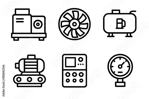 Industrial Energy Icons. Industrial Energy Set linear icon set: generator, turbine wheel, fuel tank, control panel, conveyor motor, pressure gauge