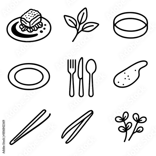 Artistic Culinary Icons. Culinary Plating linear icon set: artistic dish, herb sprig, sauce smear, plating ring, white plate, cutlery set, tongs, microgreens