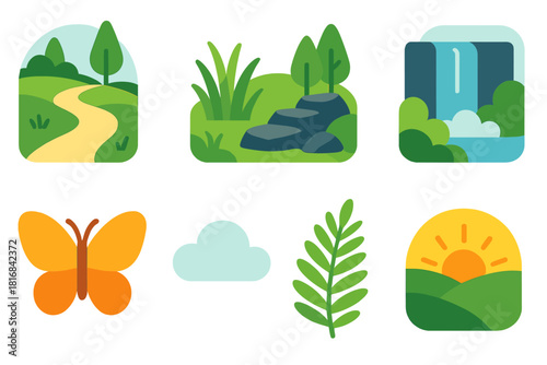Vibrant Nature Path. Scenic Nature Trail flat icon set: gentle path, meadow grass, rocky steps, waterfall line, butterfly icon, cloud drift, fern leaf, horizon sun