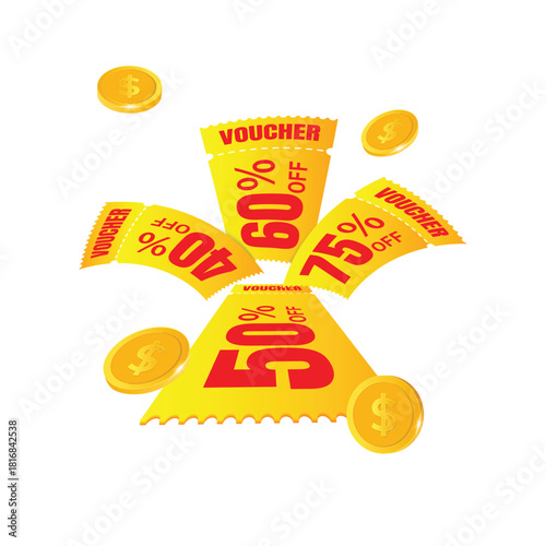 Flying yellow voucher with white background, 3d vouchers, exchange. Discount, elements, profitable purchases, Offers, Special premium price offers sale coupon, Voucher set design with coin.
