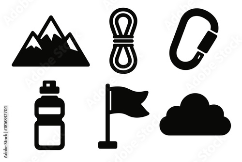 Mountain Trek Icons. Mountain Trek silhouette icon set. peak, rope, carabiner, water bottle, flag, cloud