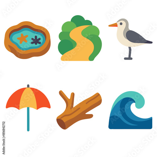 Coastal Icons in Vector. Coastal Activity Elements flat icon set: tide pool, sandy path, coastal bird, beach umbrella, driftwood piece, rolling wave