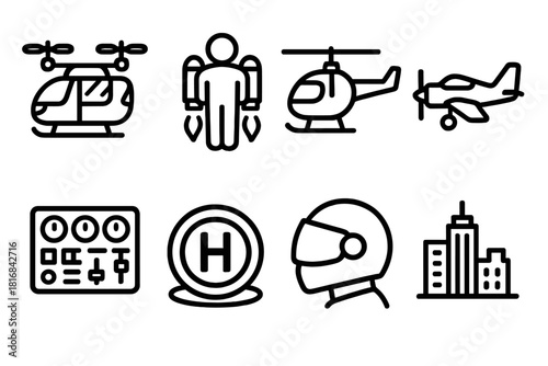 Personal Air Transport Icons. Personal Air Transport linear icon set. drone taxi, jetpack, small helicopter, propeller plane, control panel, landing pad, pilot helmet, skyline