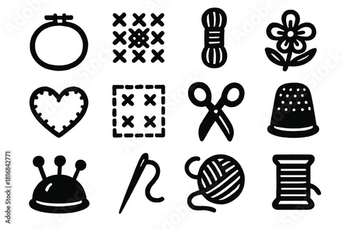 Brutalist Stitching Icons. Handcrafted Stitching silhouette icon set: embroidery hoop, cross-stitch pattern, thread skein, flower design, heart stitch, fabric patch, scissors