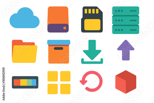 Digital Storage Icons. Digital Storage flat icon set: cloud icon, hard drive, memory card, server stack, data folder, archive box, download arrow, upload arrow, storage bar, file