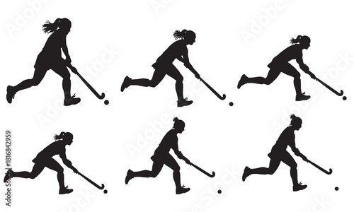 Dynamic silhouette of a female field hockey player in action with multiple poses