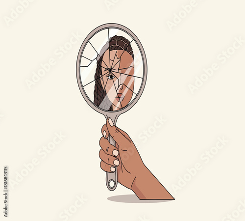 Illustration of a hand holds a broken hand mirror, reflecting a fragmented image of a womans face, symbolizing concepts of distorted selfperception, mental health struggles, and identity crisis