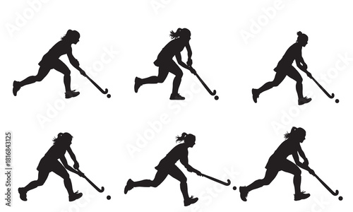 Dynamic hockey player silhouette sequence showing various poses and movements in action silhouette