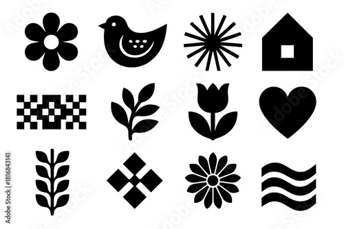 Bold Folk Icons. Folk Motifs silhouette icon set. flower, bird, sunburst, house, geometric border, branch, tulip, heart shape, vine, diamond cross, rosette, wave line