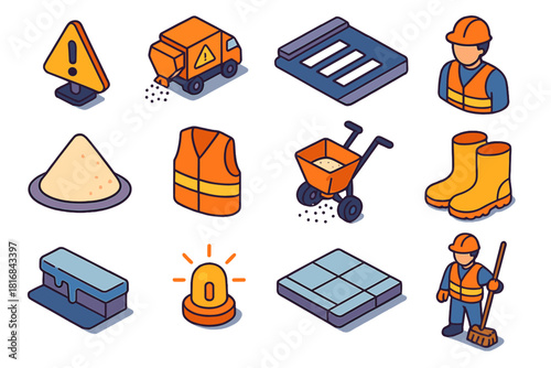 Public Safety Icons. Public Safety Measures flat icons set. caution sign, salt truck, cleared crosswalk, maintenance worker, street salt pile, reflective jacket, grit spreader