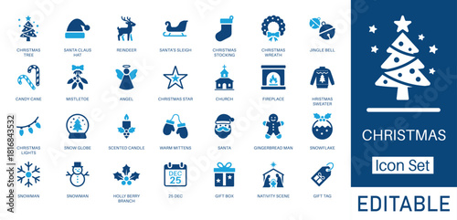 Christmas and Winter Holiday solid icon set. Contains symbols for Santa Claus, Christmas Tree, Reindeer, and Snowman. Flat vector design for greeting cards and seasonal marketing.