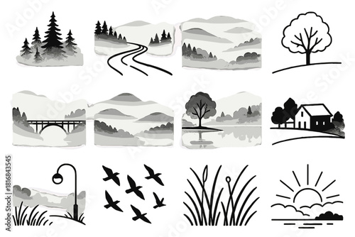 Foggy Morning Serenity. Foggy Morning Landscape linear icon set: misty forest, winding road, fog-covered hills, lone tree, bridge in haze, distant mountains, calm lake reflection