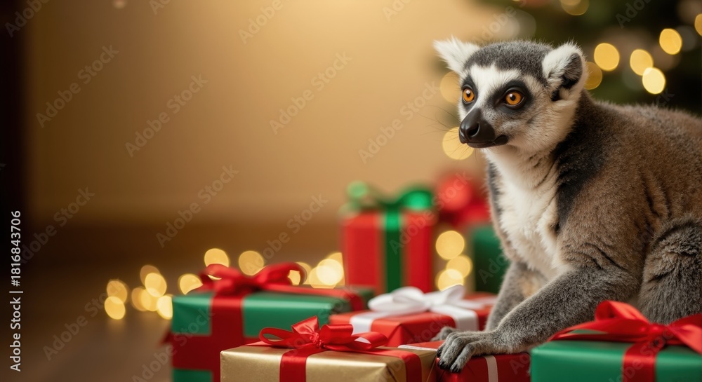 Obraz premium A cute ring-tailed lemur sitting among Christmas gifts. Festive holiday scene with an exotic animal and presents. Whimsical winter celebration concept with copy space