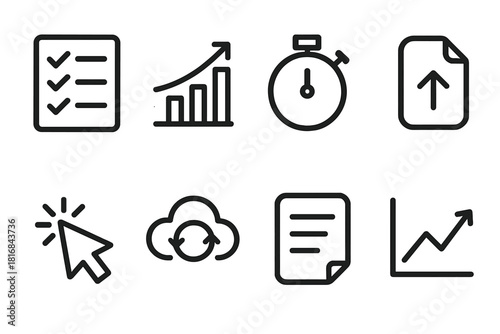 Productivity Tool Icons. Productivity Tools linear icon set. checklist, progress chart, timer, file upload, cursor pointer, cloud sync, notes page, analytics graph