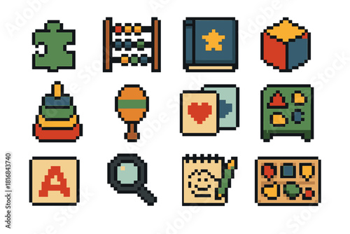 Play-Based Learning Icons. Play-Based Learning Essentials pixel style icon set: puzzle piece, counting beads, storybook icon, color cube, stacking blocks, rhythm shaker, matching