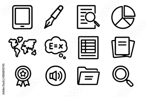 Academic Icon Set. Scholarly Resources Set linear icon set: digital tablet, fountain pen, research document, pie chart, world map, theory bubble, class schedule, flashcards