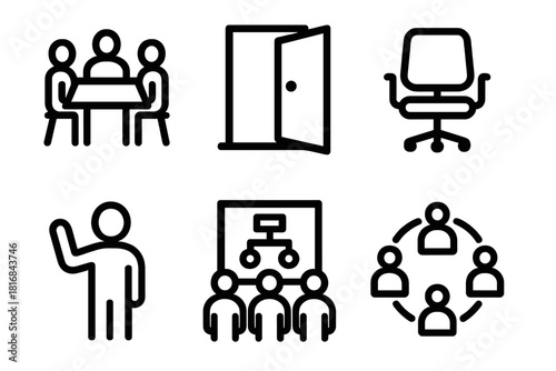 Community Connection Icons. Participation Community linear icon set: communal table, open door, meeting chair, shared project board, welcoming wave, community ring