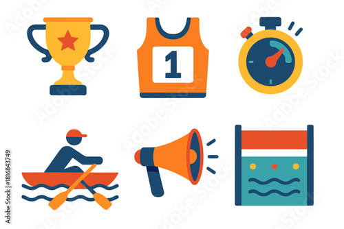 Minimalist Rowing Icons. Competitive Rowing flat icon set: trophy, number bib, timer, racecourse, megaphone, goal line