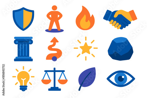 Strength Icons Collection. Steadfast Strength flat icon set: protective shield, grounded stance, core flame, firm handshake, stability pillar, anchored path, determination spark