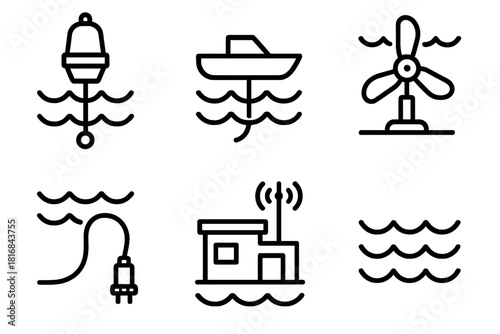 Wave Energy Icons. Wave Energy Systems linear icon set: ocean buoy, wave converter, underwater turbine, power cable, control station, sea waves