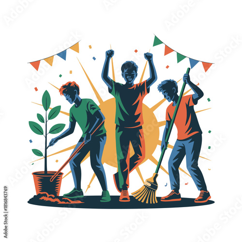 Volunteer appreciation and inclusive community vector pack — youth events, senior helpers, eco cleanup, online volunteering, and thank you celebration