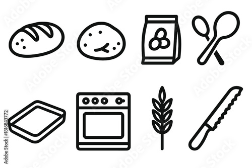 Bread Making Icons. Bread Making linear icon set: loaf of bread, dough ball, yeast packet, wooden spoon, baking tray, oven, grain stalk, bread knife