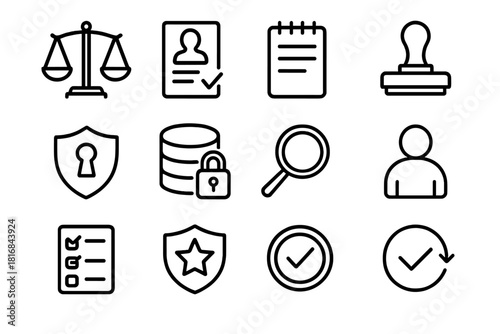 Ethical Research Icons. Ethical Research Frameworks linear icon set: balanced scale, consent form icon, guidelines sheet, approval stamp, privacy shield, data lock, clarity lens