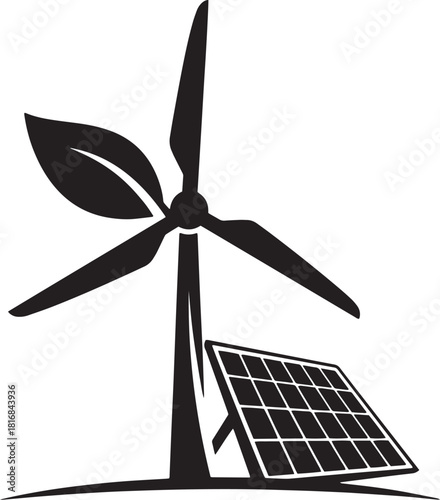 A wind turbine with leaf and solar panel illustrates sustainable energy resources