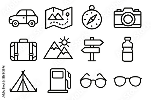 Adventure Essentials Icons. Adventure Drive linear icon set. car, map, compass, camera, suitcase, mountain, sun, road sign, water bottle, tent, fuel pump, sunglasses