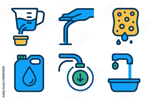 Efficient Water Flow Icons. Resource-Wise Water flat icon set: measured pour, controlled stream, sponge form, refill canister, efficient tap, blue arc line, flow regulator, capture