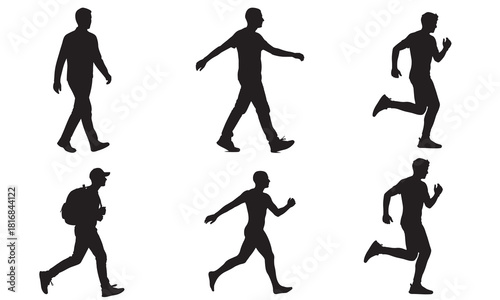 Collection of six human figures in various walking and running poses silhouette