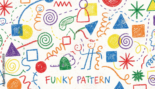 Funky crayon drawn geometric shapes and lines. Colorful pencil or chalk drawn naive Swiss design aesthetic. Basic geometric shapes, dots, playful pattern, primitive forms and figures