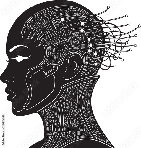 Black silhouette shows cyborg woman's profile with visible circuitry and wires, set on transparent background