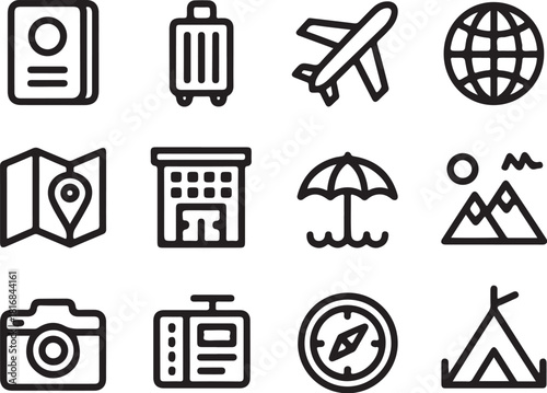 Travel icons showing passport, plane and suitcase