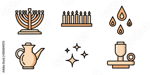 Set of Hanukkah and Festival of Lights flat icons, including Menorah and oil.