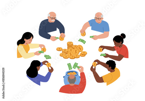 Diverse Group Pooling Money and Resources for Collaborative Investment or Retirement Savings Plan. Flat Vector Illustration of Community Finance and Contribution.