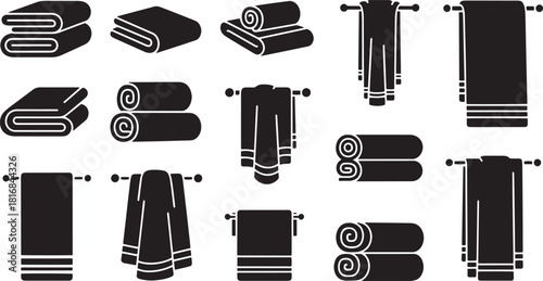 Eleven Black Towel Icons Represent Different Piles and Placements like Hung on Rails Isolated on a White Background