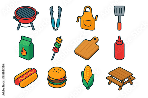Backyard BBQ Essentials. Backyard BBQ essentials flat icon set: grill, tongs, apron, spatula, charcoal bag, skewer, cutting board, ketchup bottle, hot dog, burger, corn cob, picnic