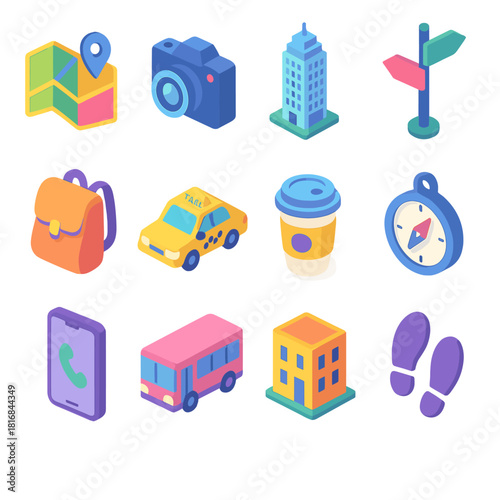 City Icons Collection. City Exploration flat icons set. map, camera, skyscraper, street sign, backpack, taxi, coffee cup, compass, phone, bus, building, footsteps