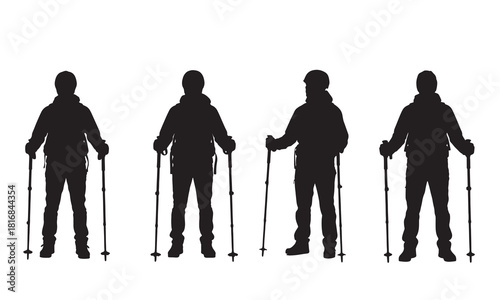 Four diverse silhouettes of hikers with trekking poles against a white background