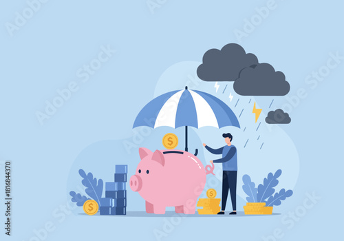 Financial Protection and Savings Insurance Concept. Piggy bank secured by an umbrella against economic crisis and risk management during a stormy rainy day.