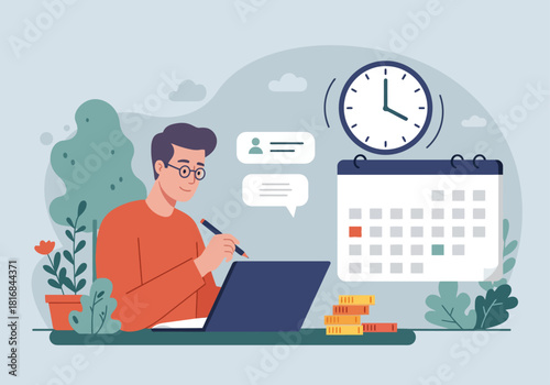 Time Management and Scheduling Concept. Vector Illustration of Man Working on Laptop, Planning Tasks, Appointments, and Deadlines to Increase Productivity.