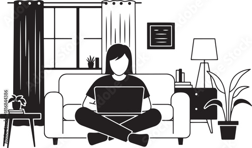 Faceless woman sits with a laptop on a sofa in a monochrome home setting