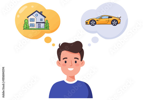 Young Man Dreaming of Financial Goals: Deciding between a New House or a Luxury Sports Car. Ambition and Major Purchase Choices Vector Illustration.