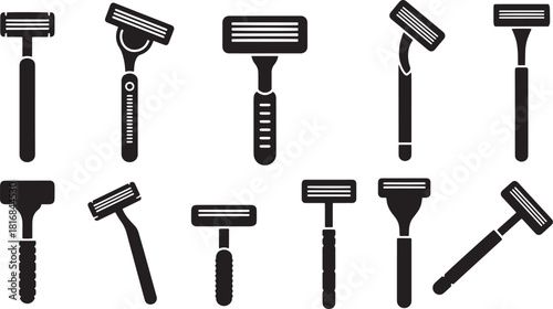 Razor assortment showcasing varied blade styles and handle designs against a plain background in black and white