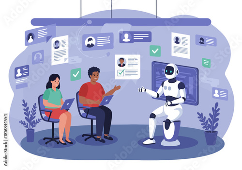 Artificial Intelligence (AI) Robot Assisting Diverse HR Team with Automated Recruitment, Candidate Screening, and Future Hiring Process Automation Vector Illustration.